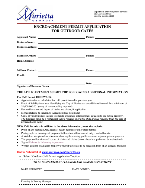 First page of the Outdoor Café Permit Application
