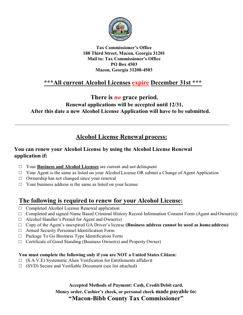 First page of the Alcohol Beverage License Renewal Application