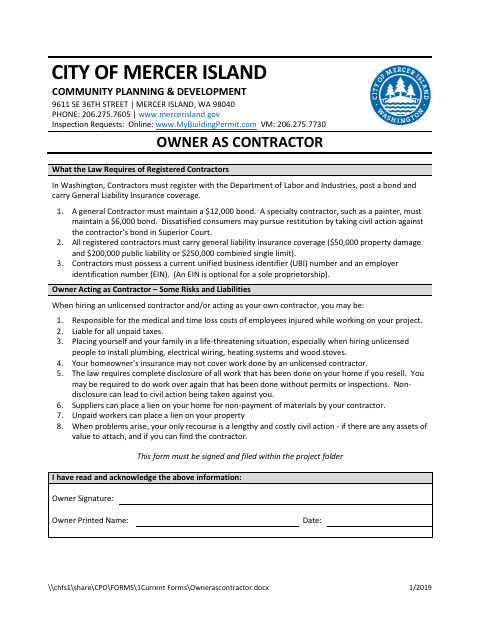 First page of the Owner as Contractor