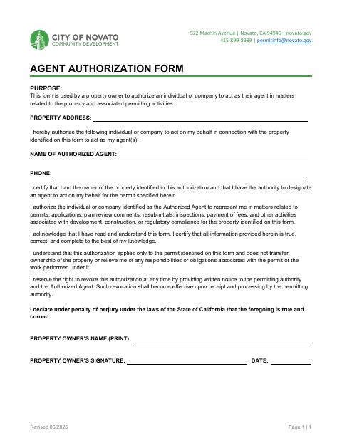 First page of the Agent Authorization Form for Properties