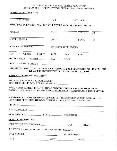 First page of the Soliciting and/or Peddling License Application