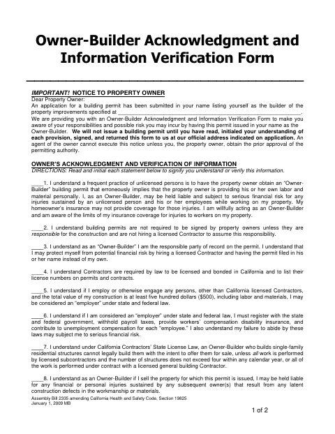 First page of the Owner-Builder Acknowledgment and Information Verification Form