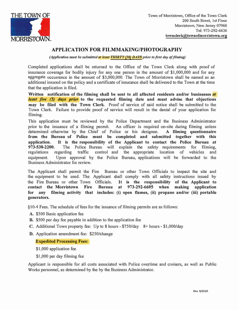 First page of the Application for Filmmaking/Photography