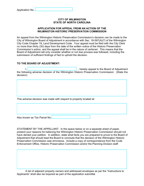 First page of the Application for Appeal From an Action of the Historic Preservation Commission