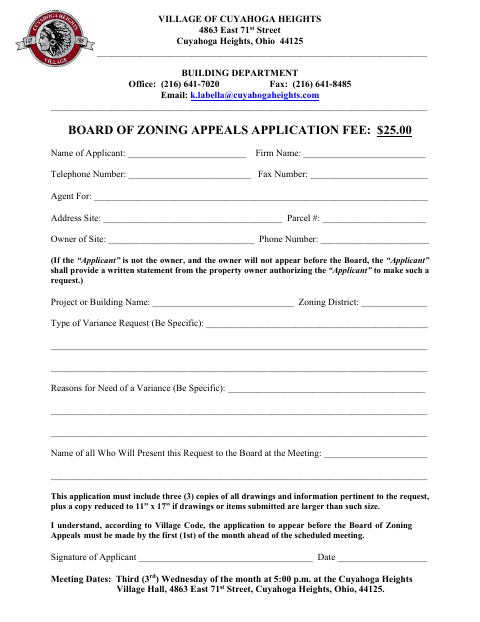 First page of the Board of Zoning Appeals Application