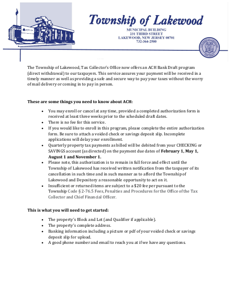 First page of the ACH Enrollment Form