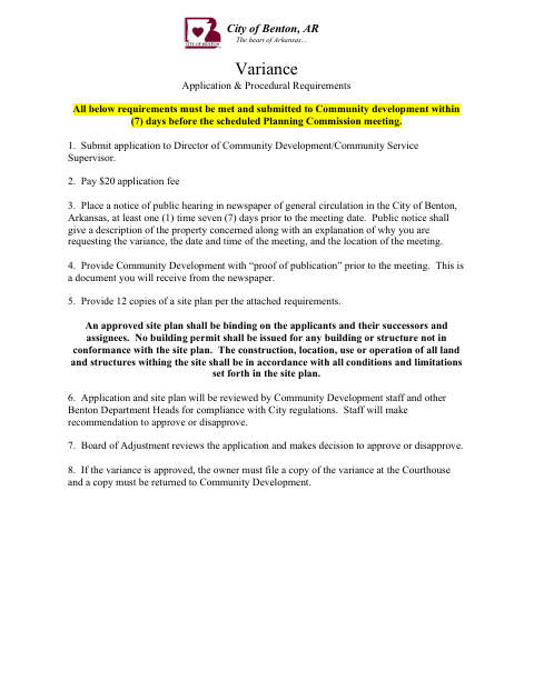 First page of the Variance Application
