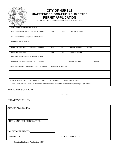 First page of the Unattended Donation Dumpster Permit Application