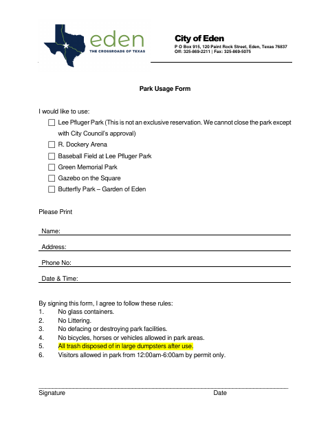 First page of the Park Usage Form