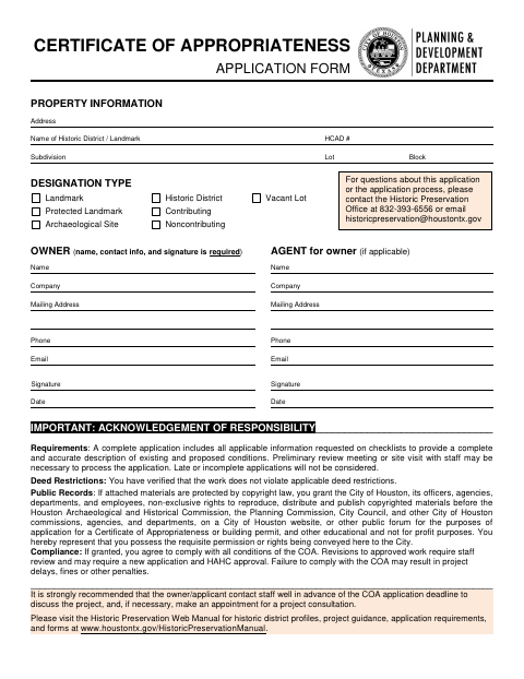 First page of the Certificate of Appropriateness Application for New Construction