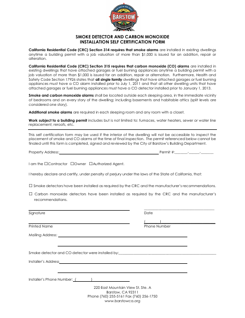 First page of the Smoke Detector and Carbon Monoxide Installation Self Certification Form