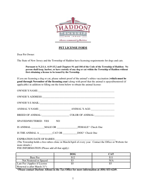 First page of the Pet License Form