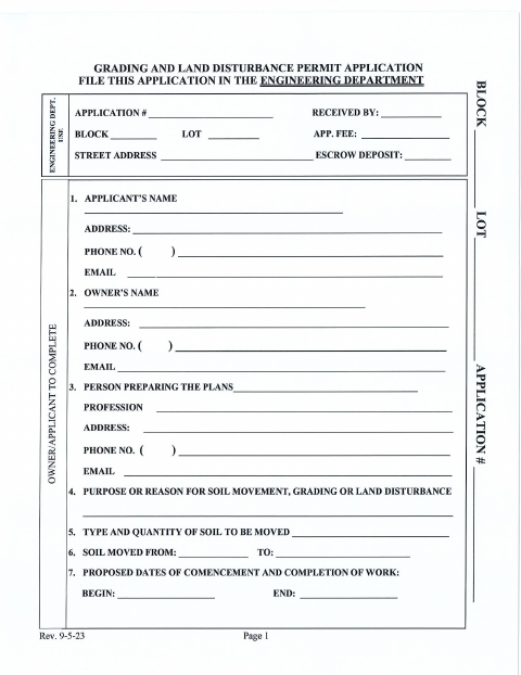 First page of the Grading and Land Disturbance Permit Application
