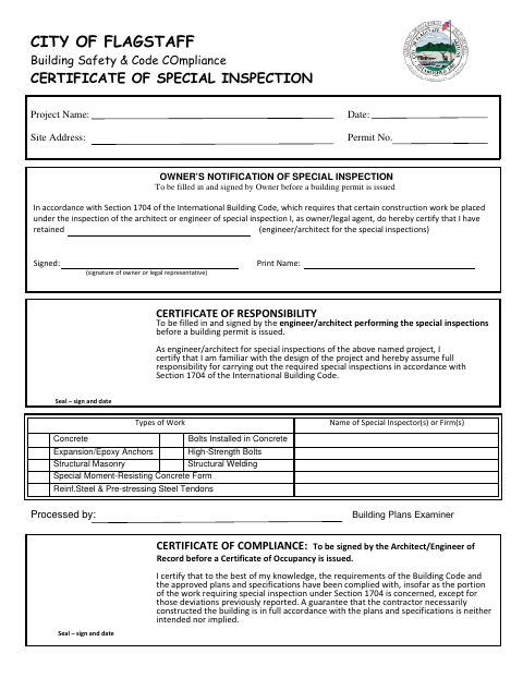 First page of the Certificate of Special Inspection