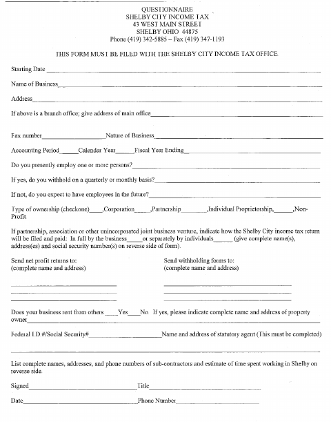 First page of the Income Tax Required Questionnaire