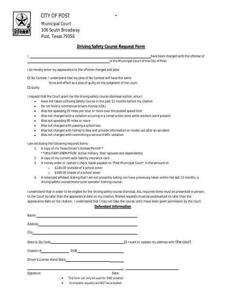 First page of the Driving Safety Course Request Form