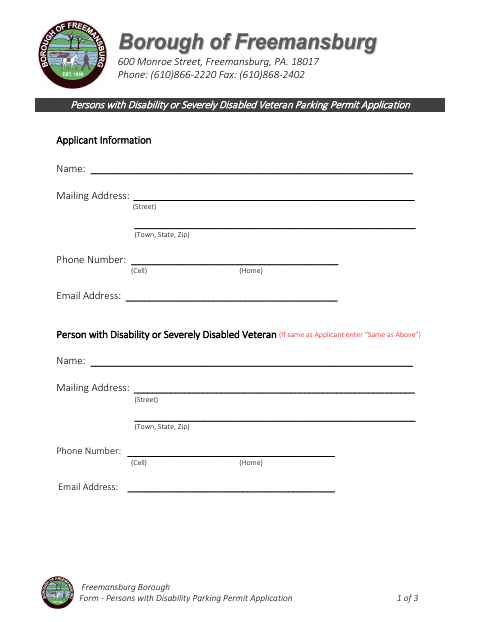First page of the Persons with Disability or Severely Disabled Veteran Parking Permit Application