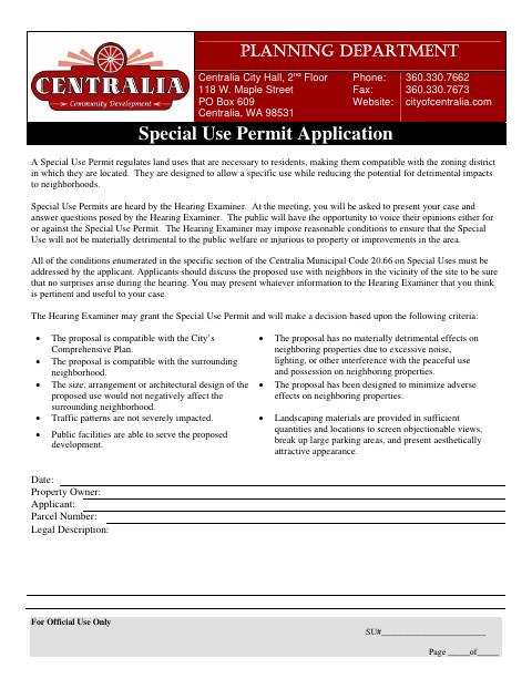 First page of the Special Use Permit Application