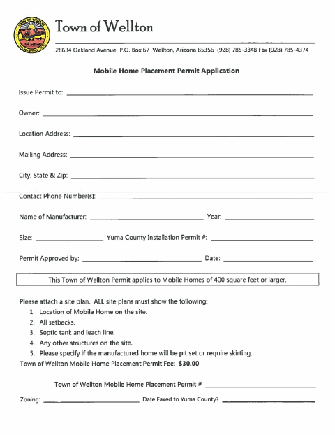 First page of the Mobile Home Placement Permit Application