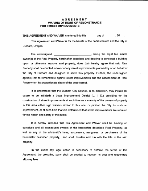 First page of the Agreement Waiving Right of Remonstrance for Street Improvements