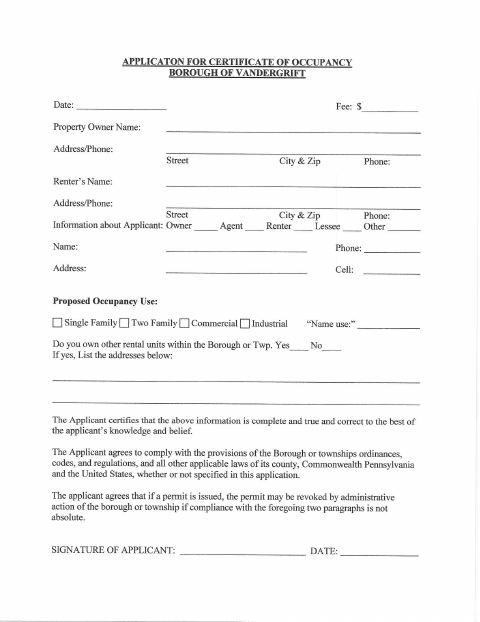 First page of the Application for Certificate of Occupancy