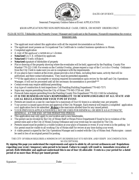 First page of the Outdoor Sales Events Application