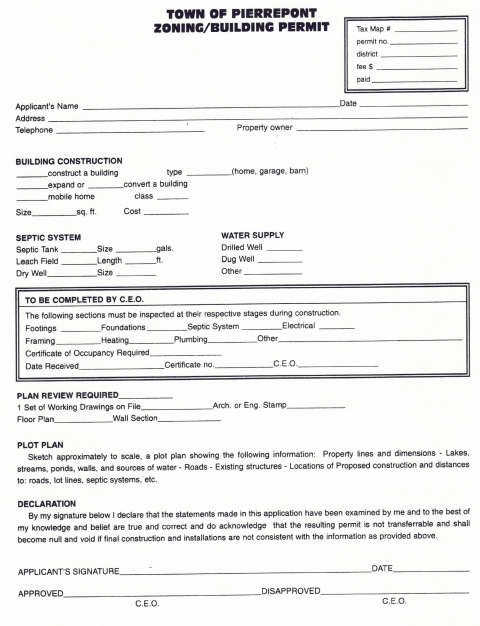 First page of the Zoning/Building Permit Application