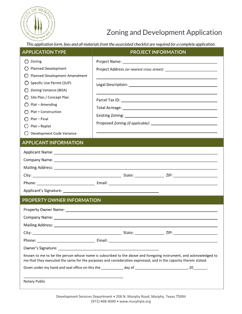 First page of the Zoning and Development Application