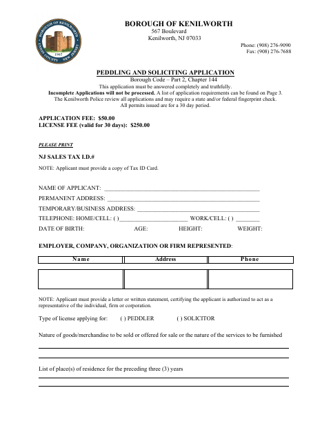 First page of the Peddling and Soliciting Application