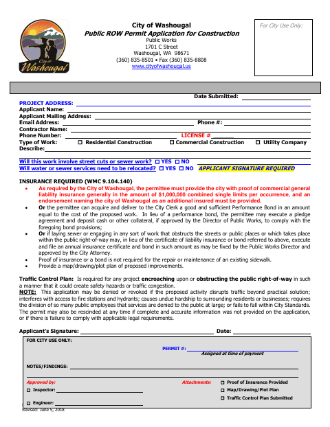 First page of the Public Right-of-Way Permit Application for Construction