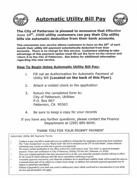 First page of the Automatic Utility Bill Pay Application