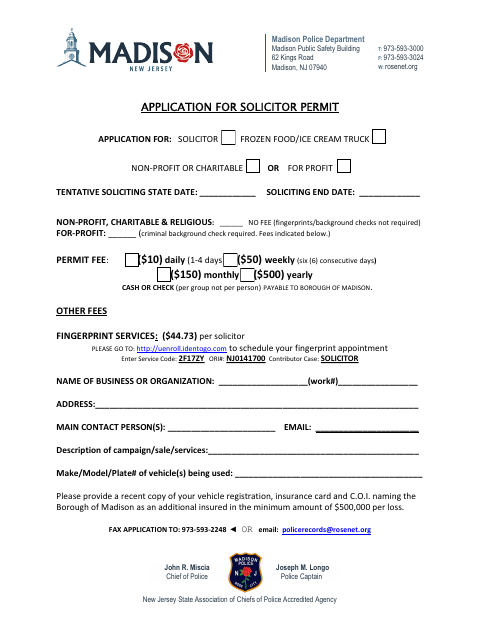 First page of the Application for Solicitor Permit