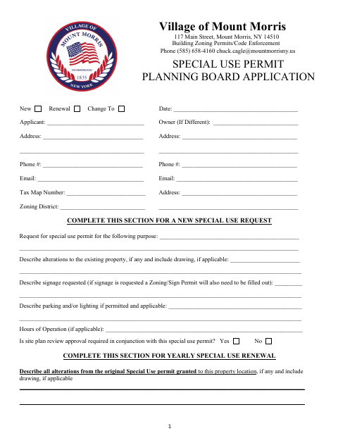 First page of the Special Use Permit Planning Board Application