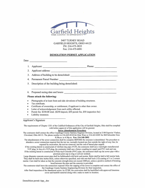 First page of the Demolition Permit Application