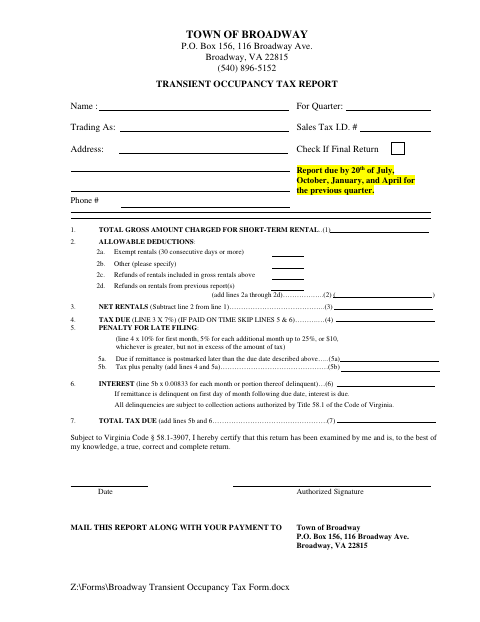 First page of the Transient Occupancy Tax Report