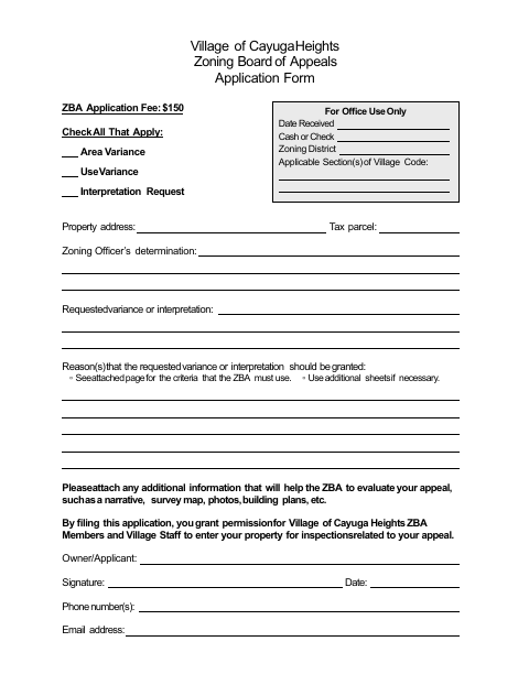 First page of the Zoning Board of Appeals Application