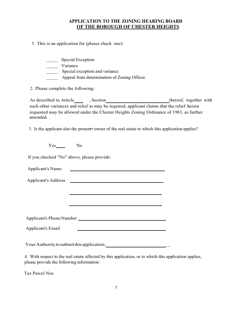 First page of the Application to the Zoning Hearing Board