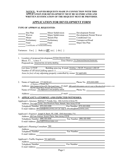 First page of the Application for Development