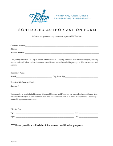 First page of the Scheduled Authorization Form