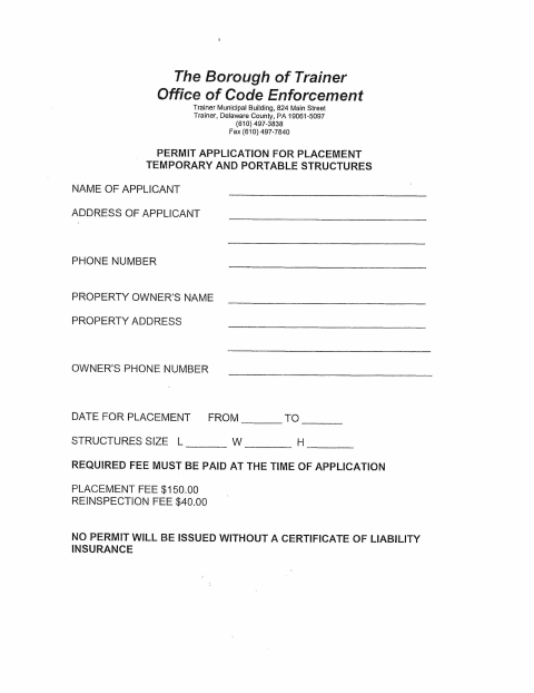 First page of the Temporary and Portable Structure Permit Application