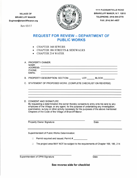 First page of the Request for Review Department of Public Works Form