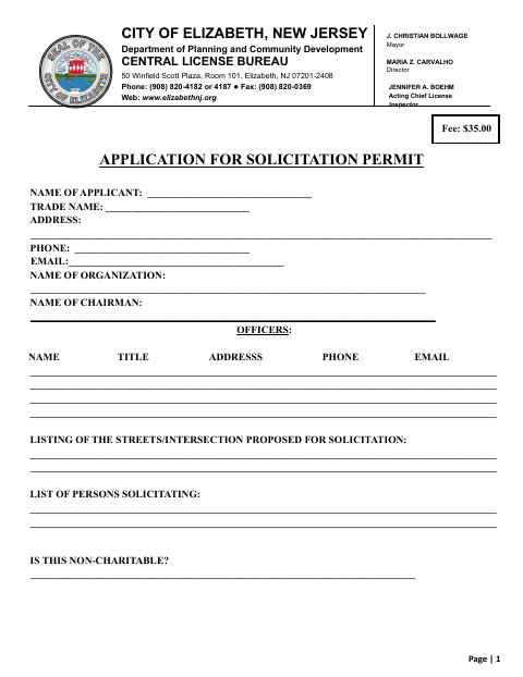 First page of the Application for Solicitation Permit