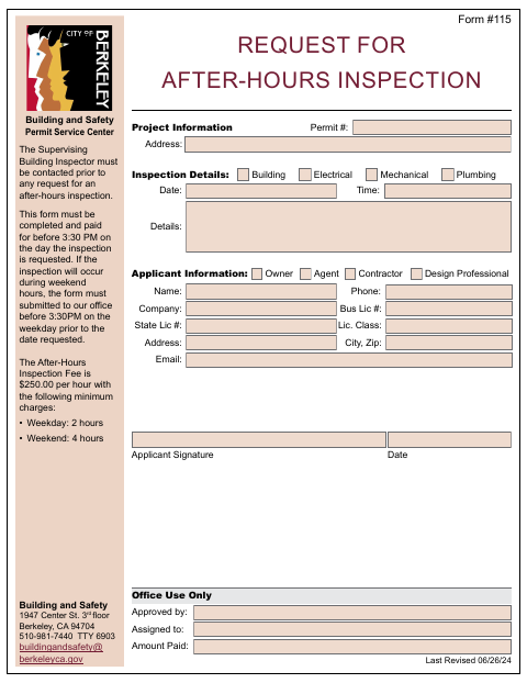 First page of the Request for After-Hours Inspection