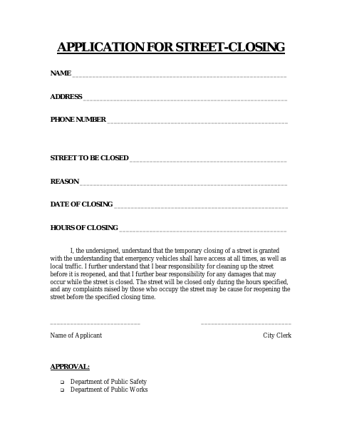 First page of the Application for Street Closing