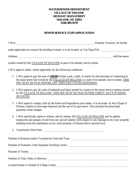 First page of the Sewer Service (Tap) Application
