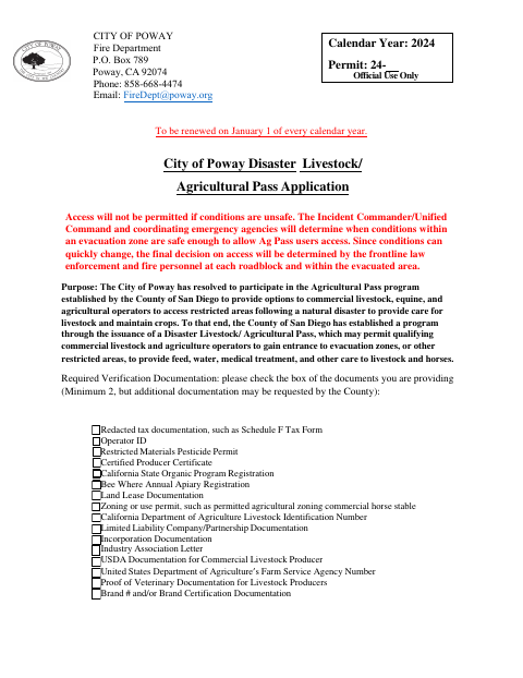 First page of the Disaster Livestock/Agricultural Pass Application