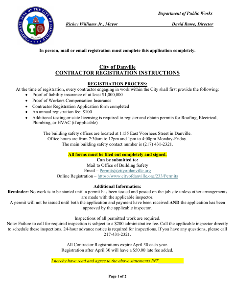 First page of the Contractor Registration Application