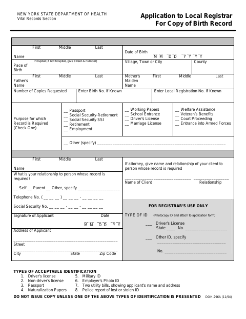 First page of the Application to Local Registrar for Copy of Birth Record