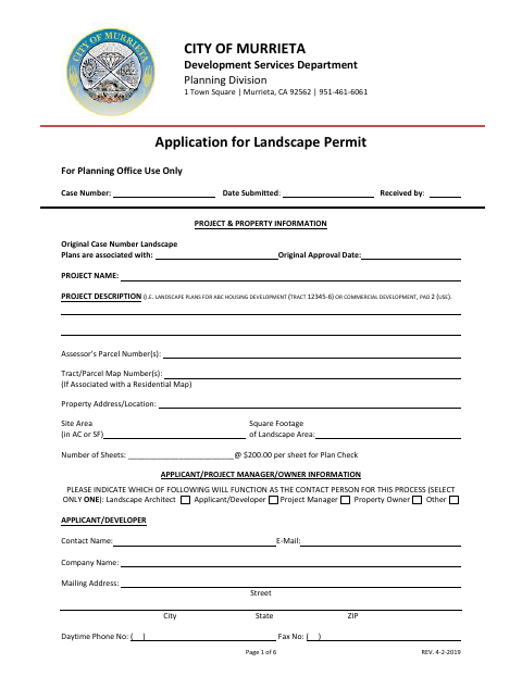 First page of the Application for Landscape Permit