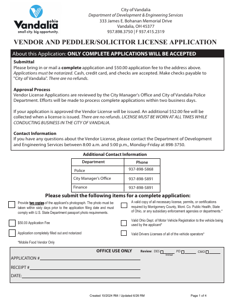 First page of the Vendor and Peddler/Solicitor License Application